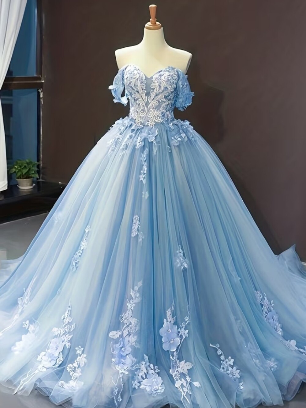 Off-Shoulder Powder Blue Cinderella Ball Gown Fairytale Wedding Dress